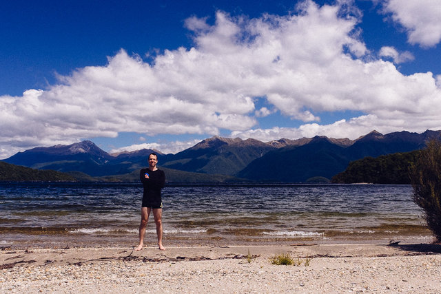 Jakub having a dip in the Lake Manapouri